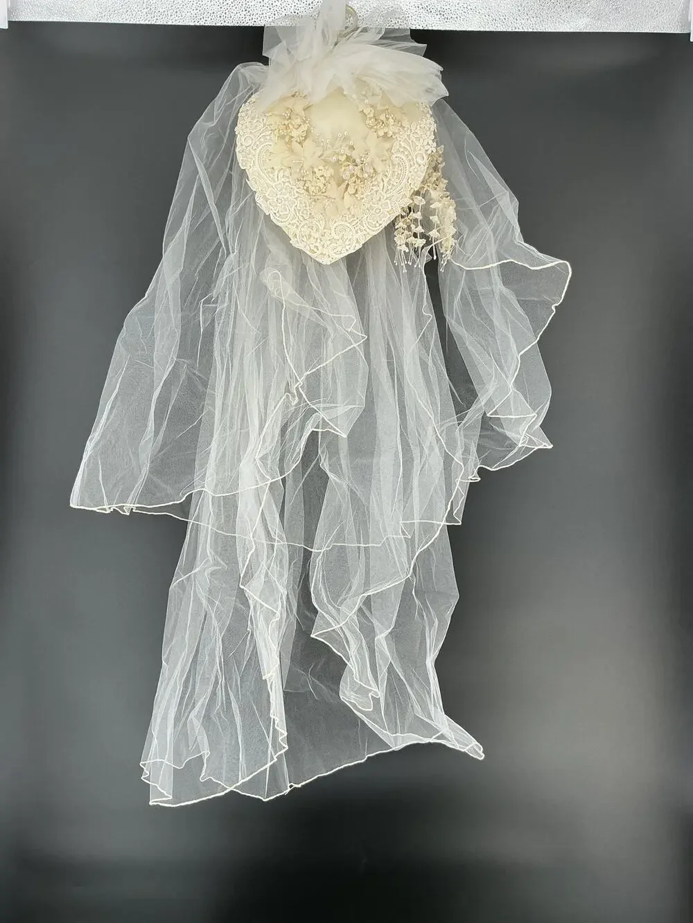 Vintage Bridal Veil Headpiece Lace Floral Pearl Juliet Cap Wedding Ivory
